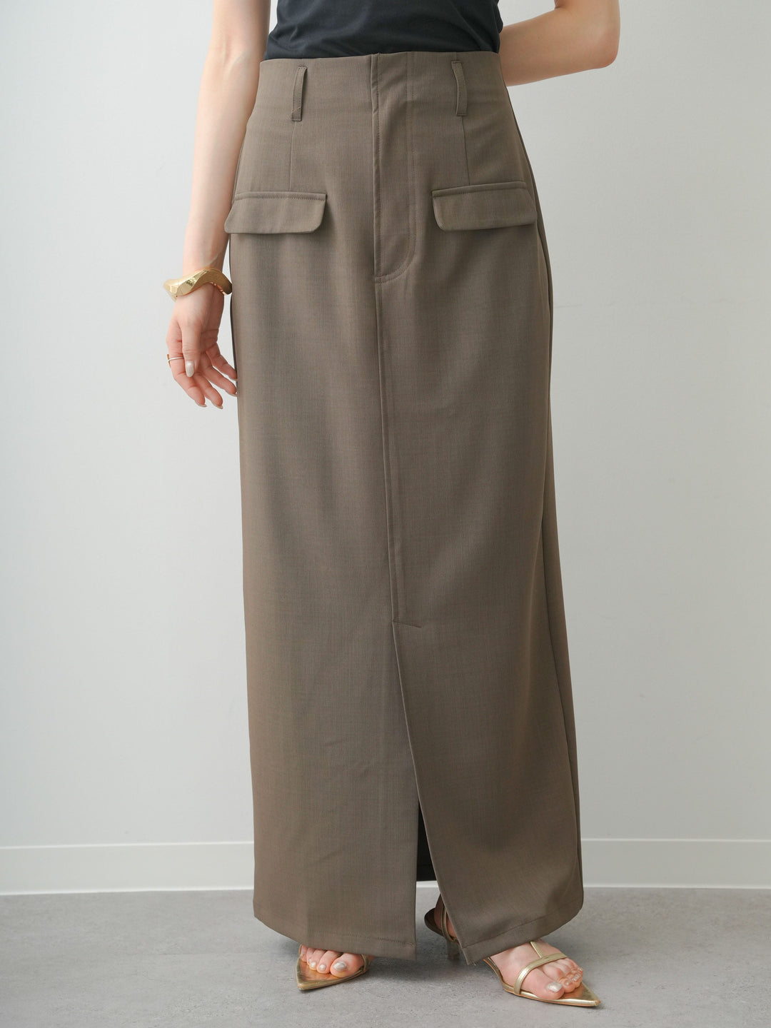 [予約]クレープデシンフラップ付きストレートスカート/brown