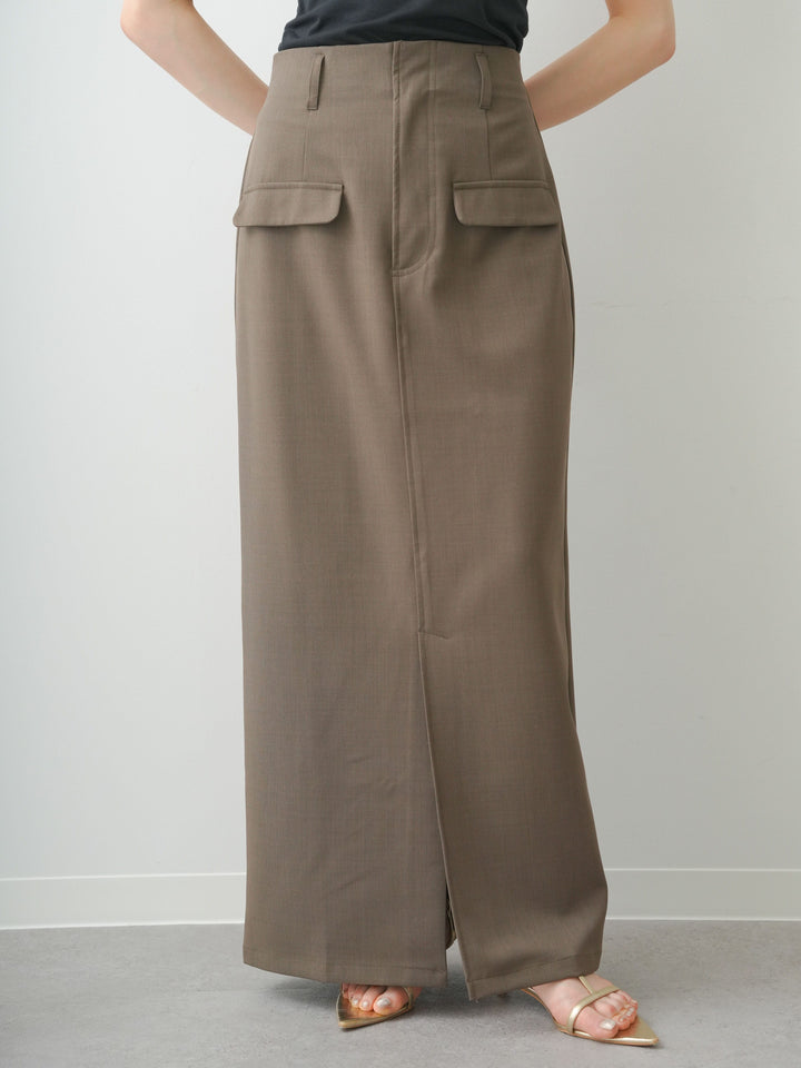 [予約]クレープデシンフラップ付きストレートスカート/brown