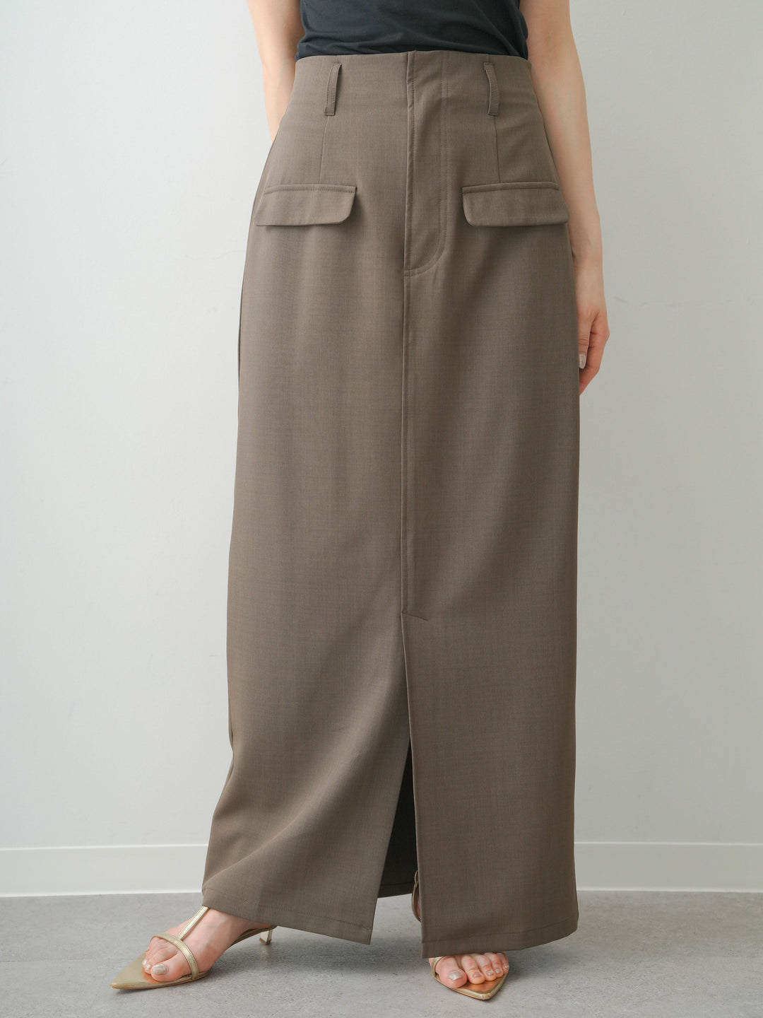 [予約]クレープデシンフラップ付きストレートスカート/brown