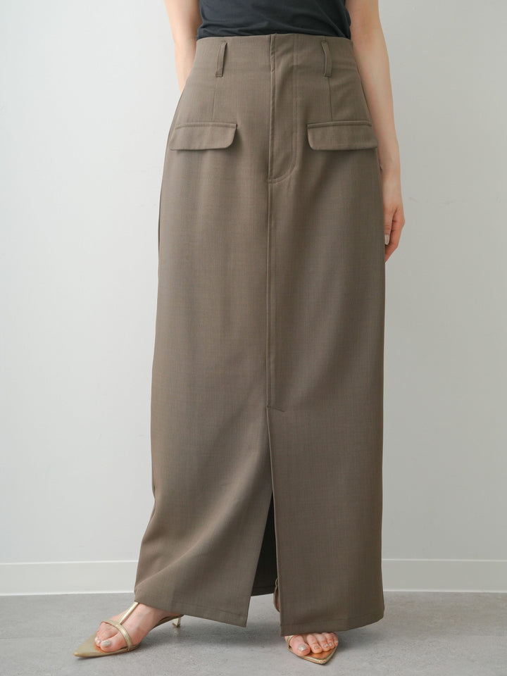 [予約]クレープデシンフラップ付きストレートスカート/brown