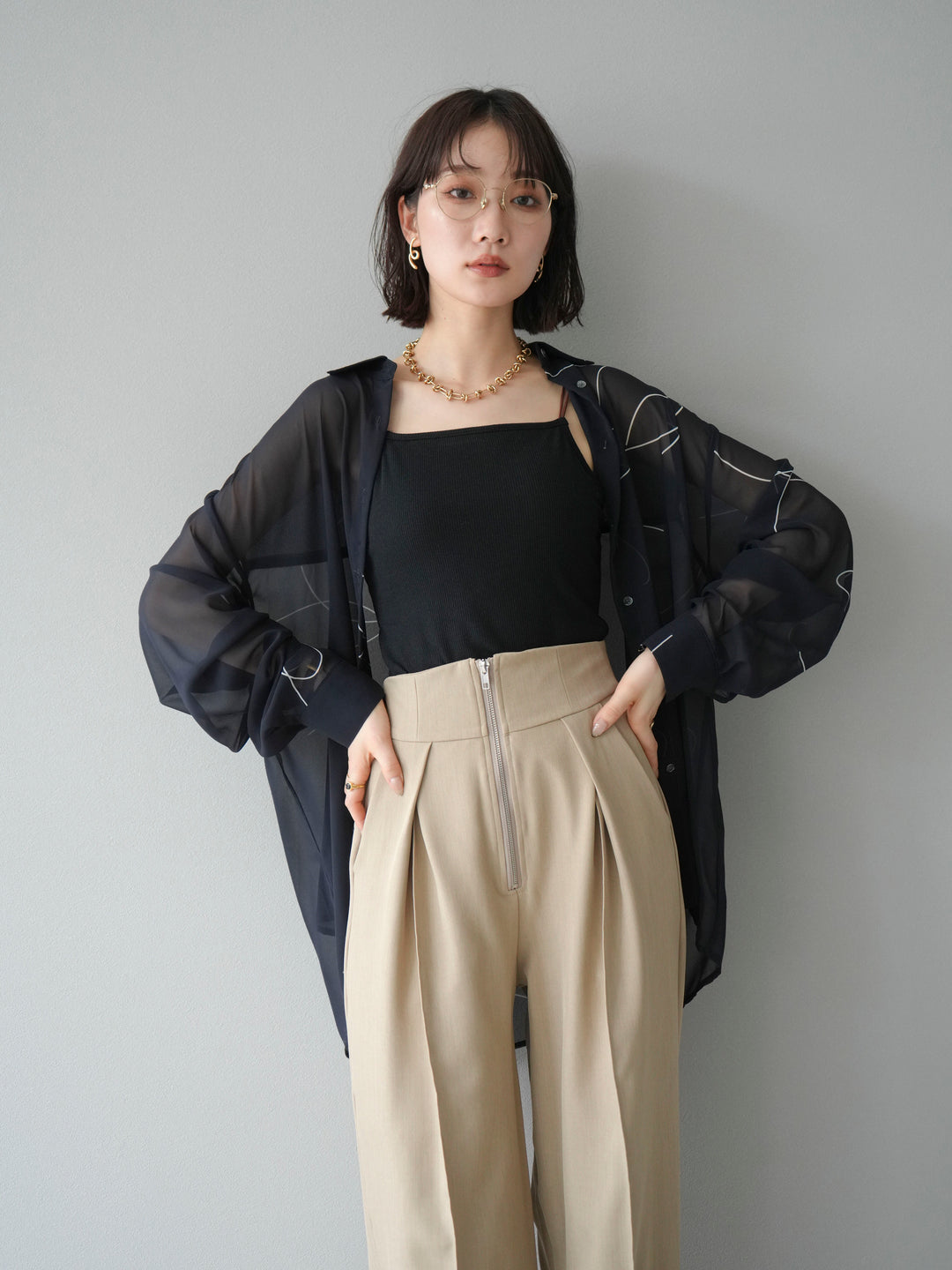 [予約]ペンタッチシフォンシャツ/ブラック