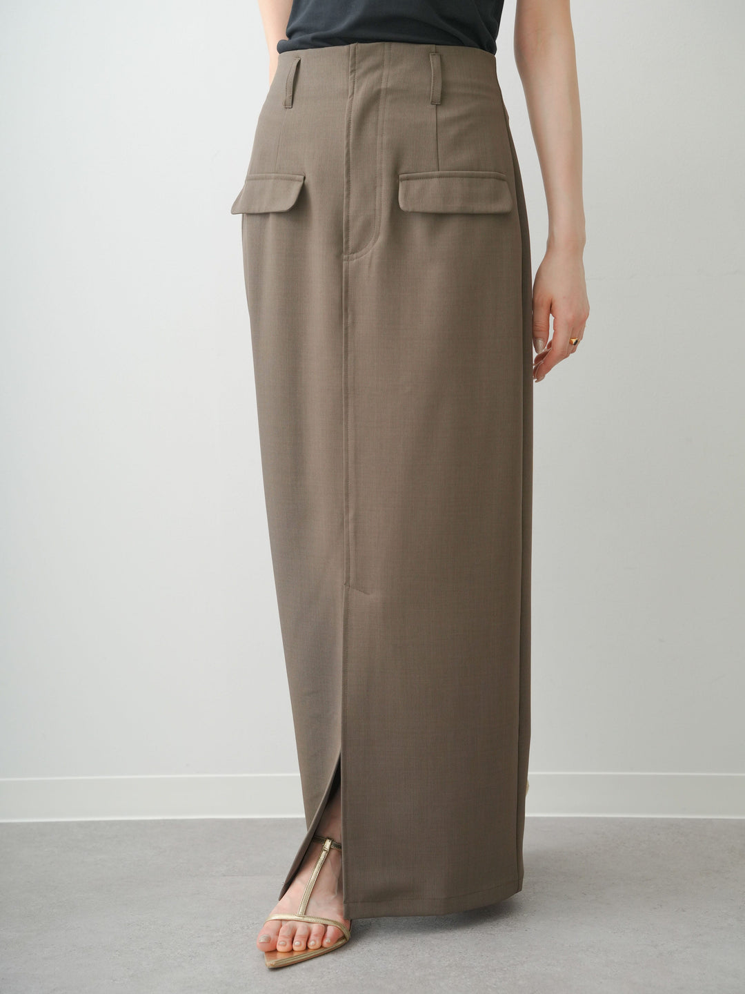 [予約]クレープデシンフラップ付きストレートスカート/brown