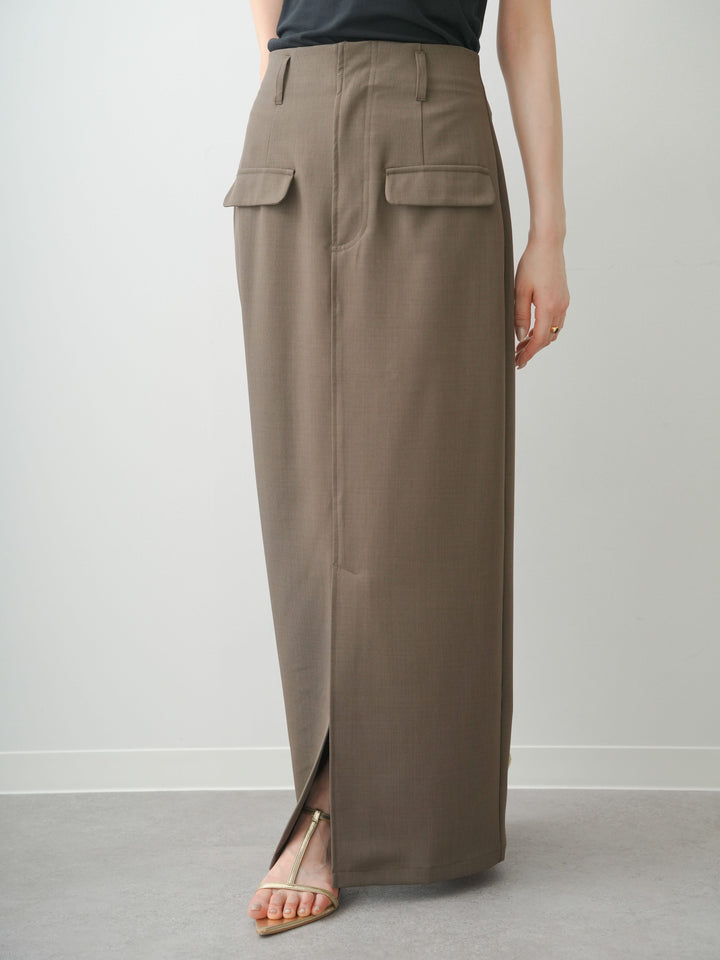 [予約]クレープデシンフラップ付きストレートスカート/brown