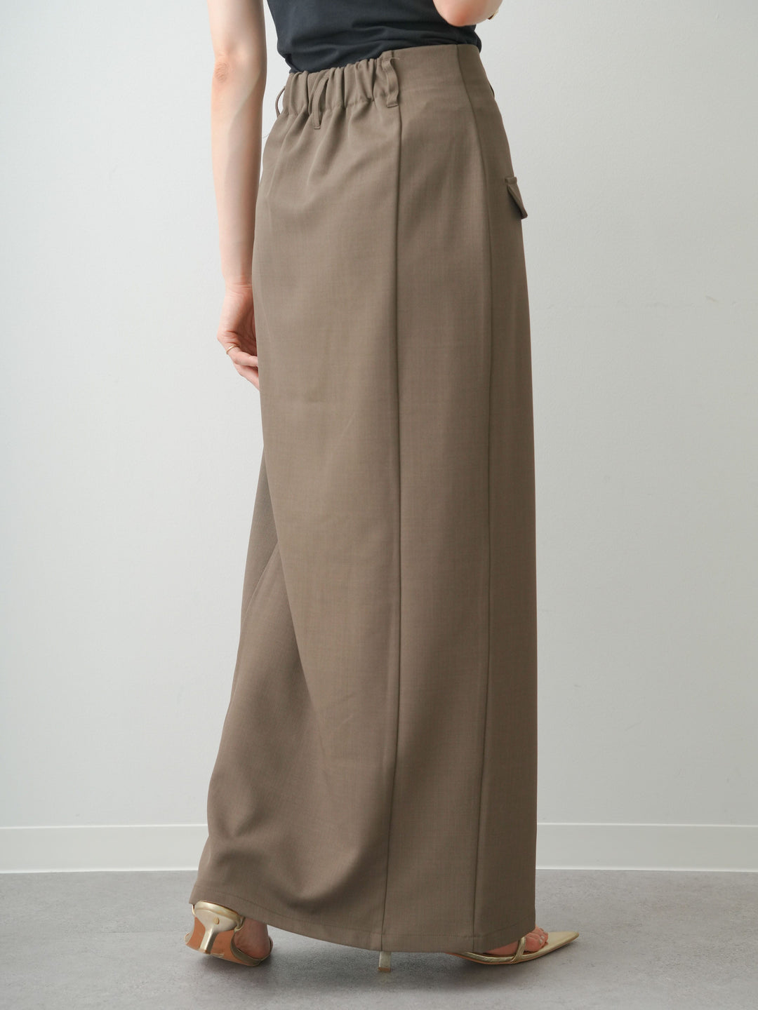 [予約]クレープデシンフラップ付きストレートスカート/brown