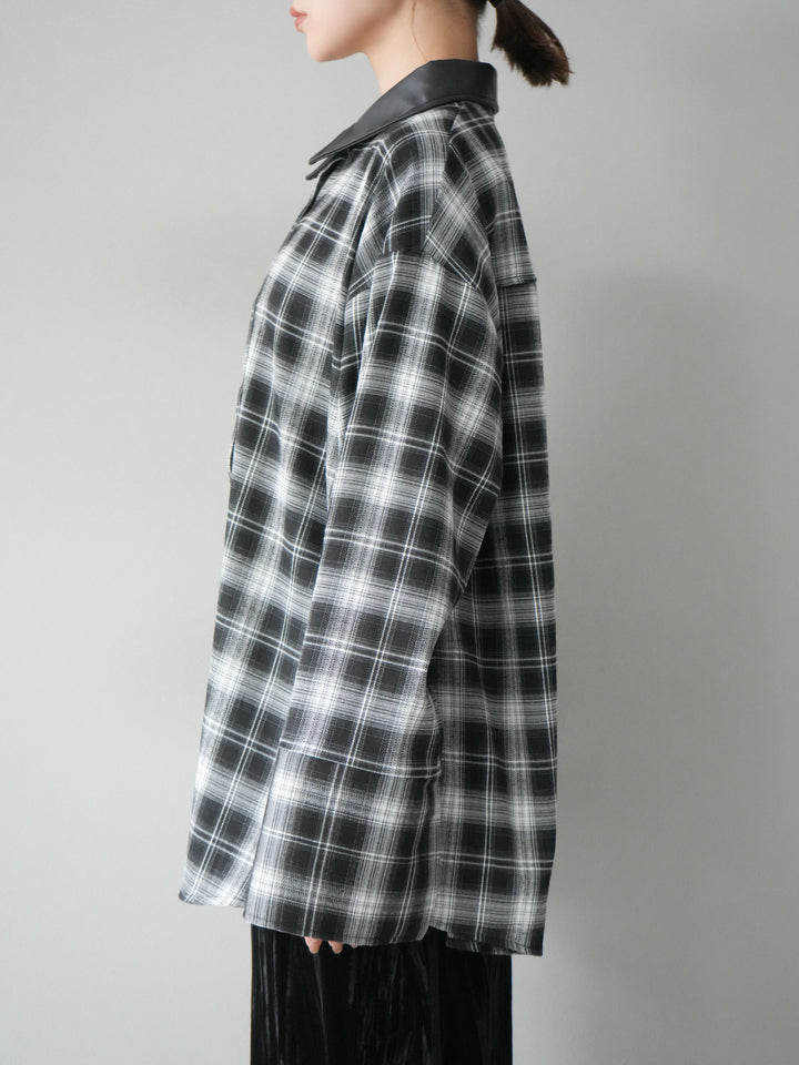 [予約]レザー襟オンブレチェックオーバーシャツ /ブラック