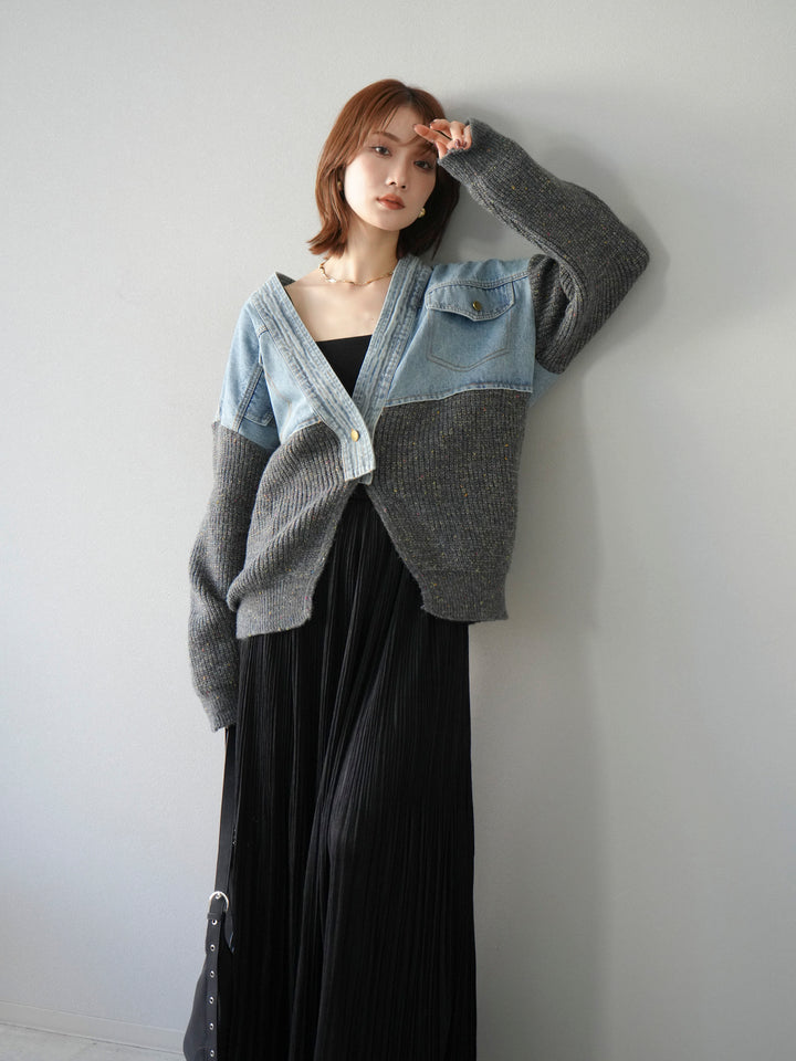 [SET]デニム切替ネップニットカーディガン+裾レーススウェードプリーツマキシスカート(2set)