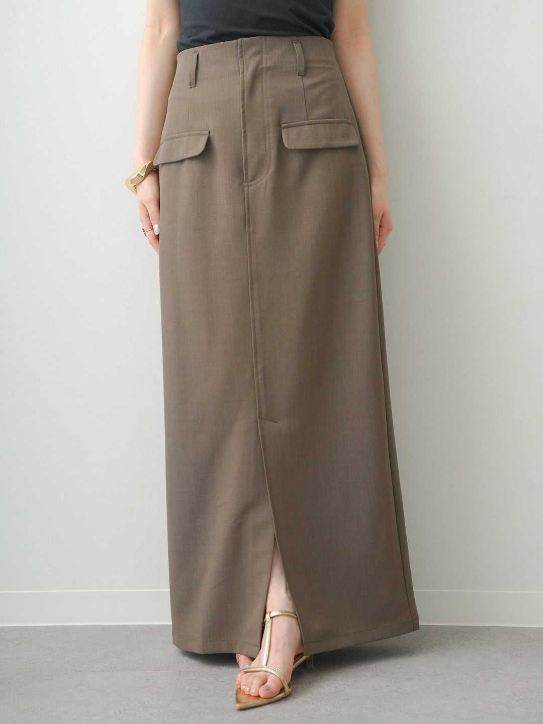 [予約]クレープデシンフラップ付きストレートスカート/brown