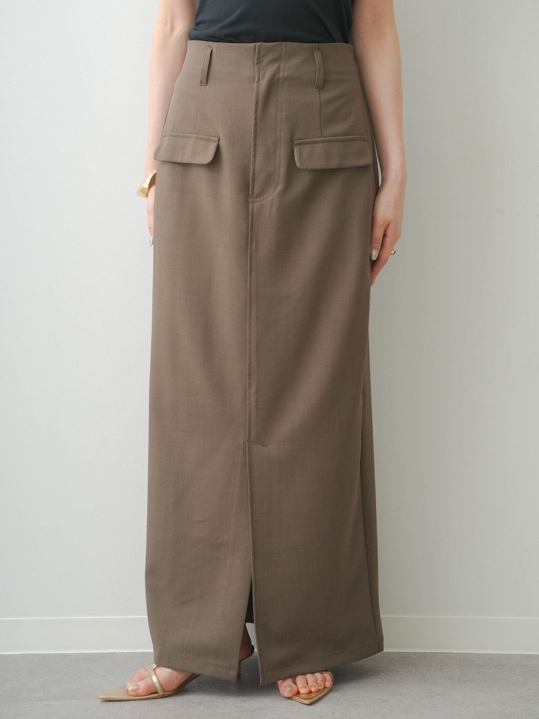 [予約]クレープデシンフラップ付きストレートスカート/brown