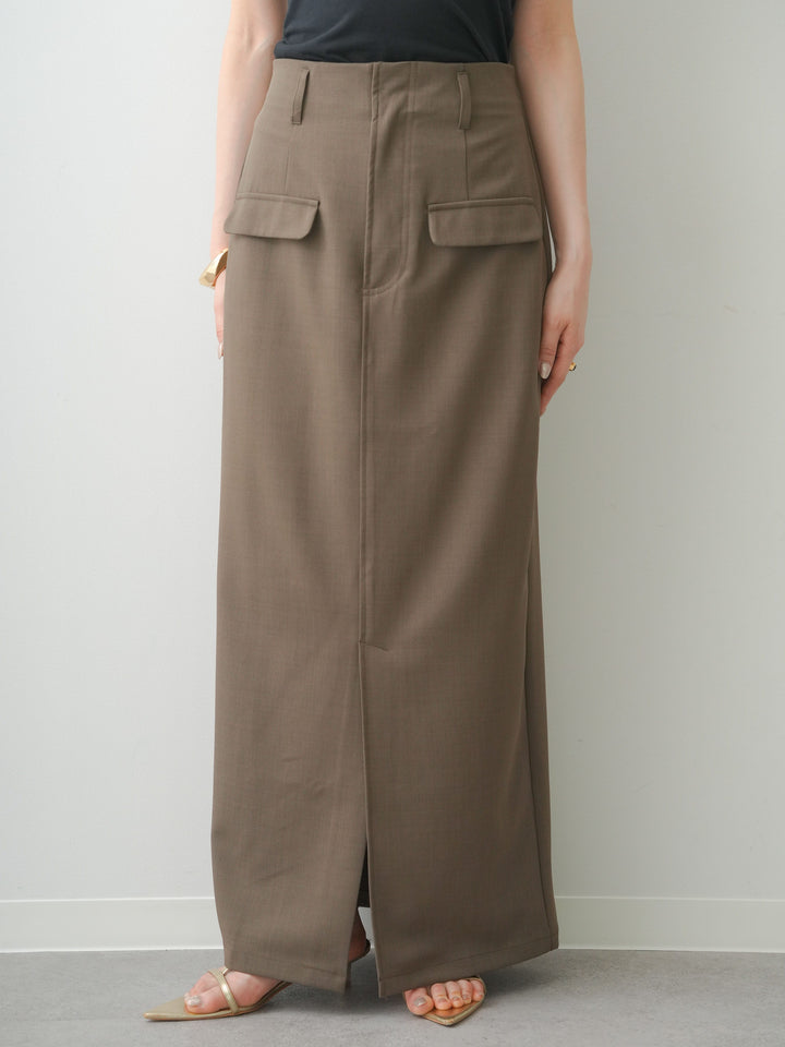 [予約]クレープデシンフラップ付きストレートスカート/brown