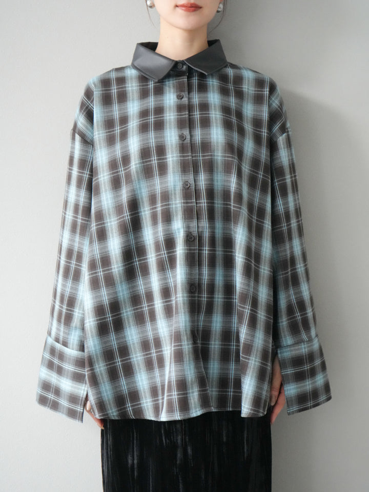 [予約]レザー襟オンブレチェックオーバーシャツ /ブルー