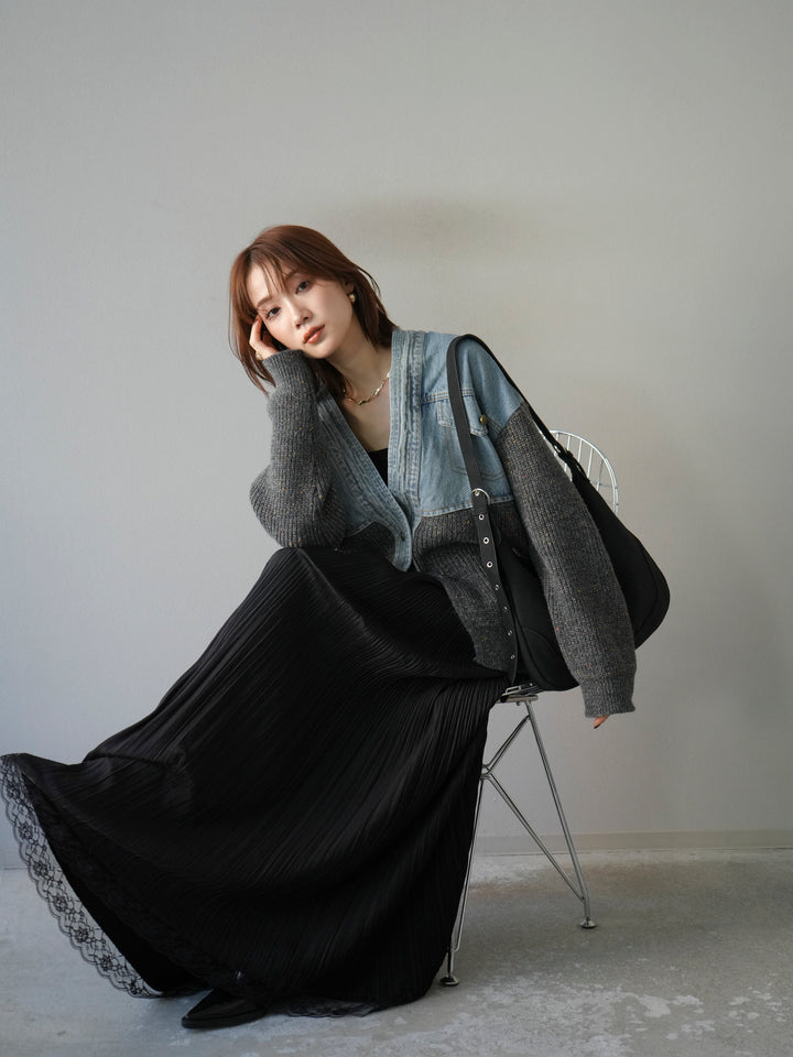 [SET]デニム切替ネップニットカーディガン+裾レーススウェードプリーツマキシスカート(2set)