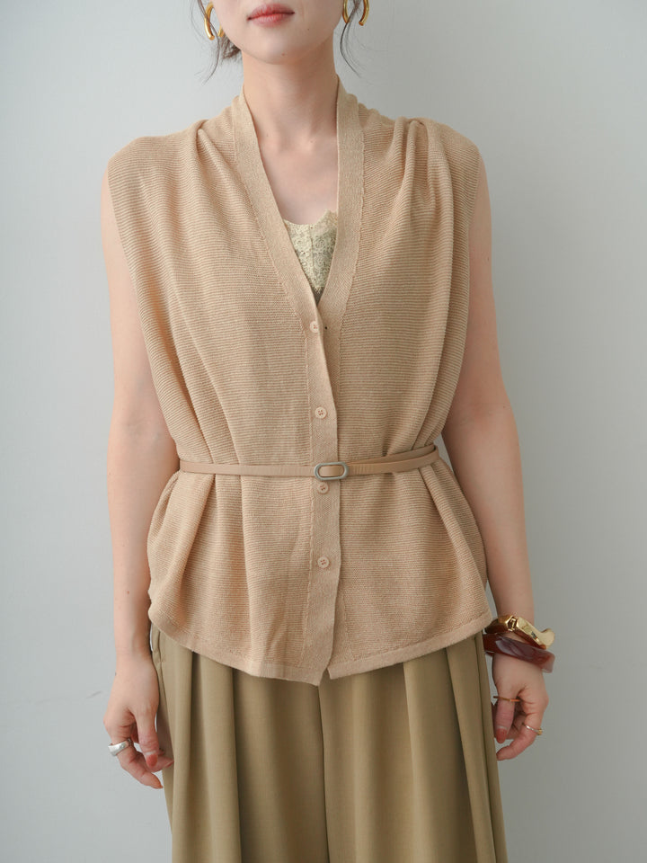 [予約]ベルト付フロントボタンノースリニットトップス/beige
