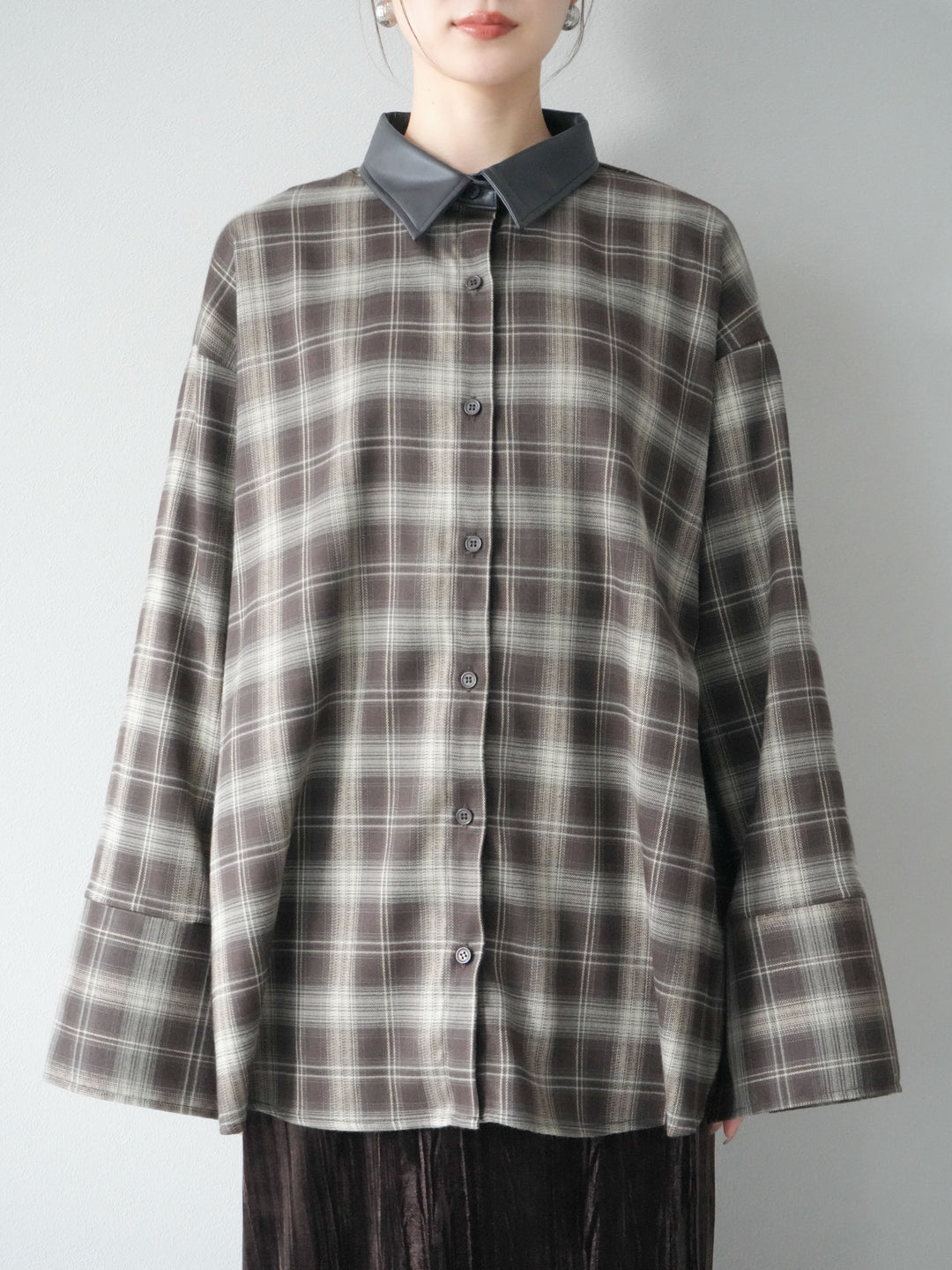 [予約]レザー襟オンブレチェックオーバーシャツ /ブラウン