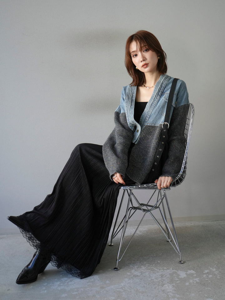 [SET]デニム切替ネップニットカーディガン+裾レーススウェードプリーツマキシスカート(2set)