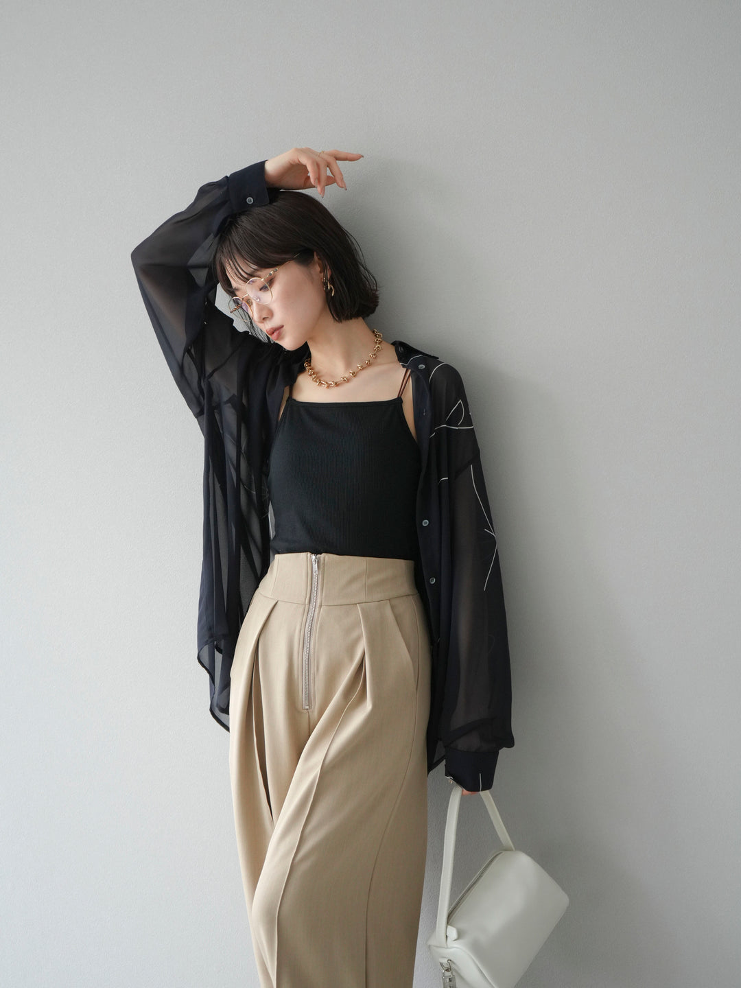 [予約]ペンタッチシフォンシャツ/ブラック