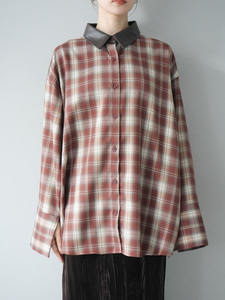 [予約]レザー襟オンブレチェックオーバーシャツ /レッド