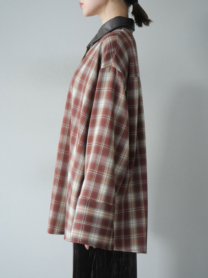 [予約]レザー襟オンブレチェックオーバーシャツ /レッド