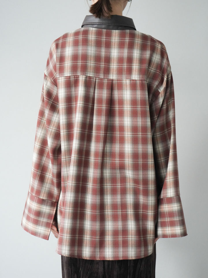 [予約]レザー襟オンブレチェックオーバーシャツ /レッド