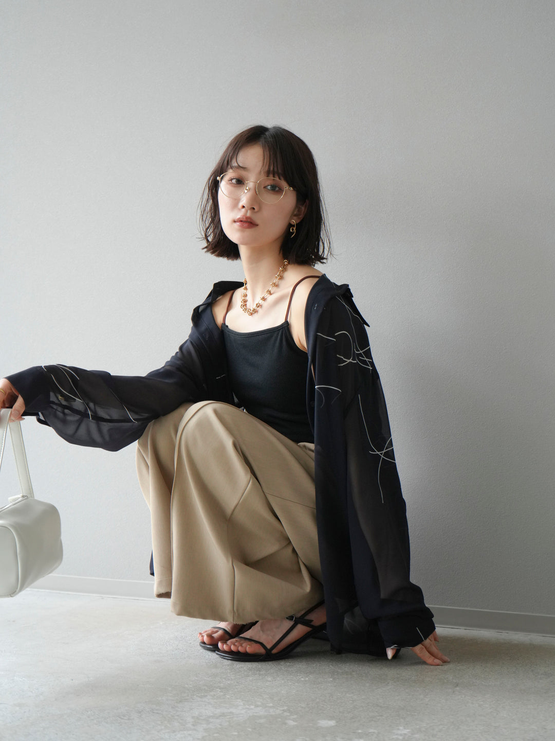 [予約]ペンタッチシフォンシャツ/ブラック