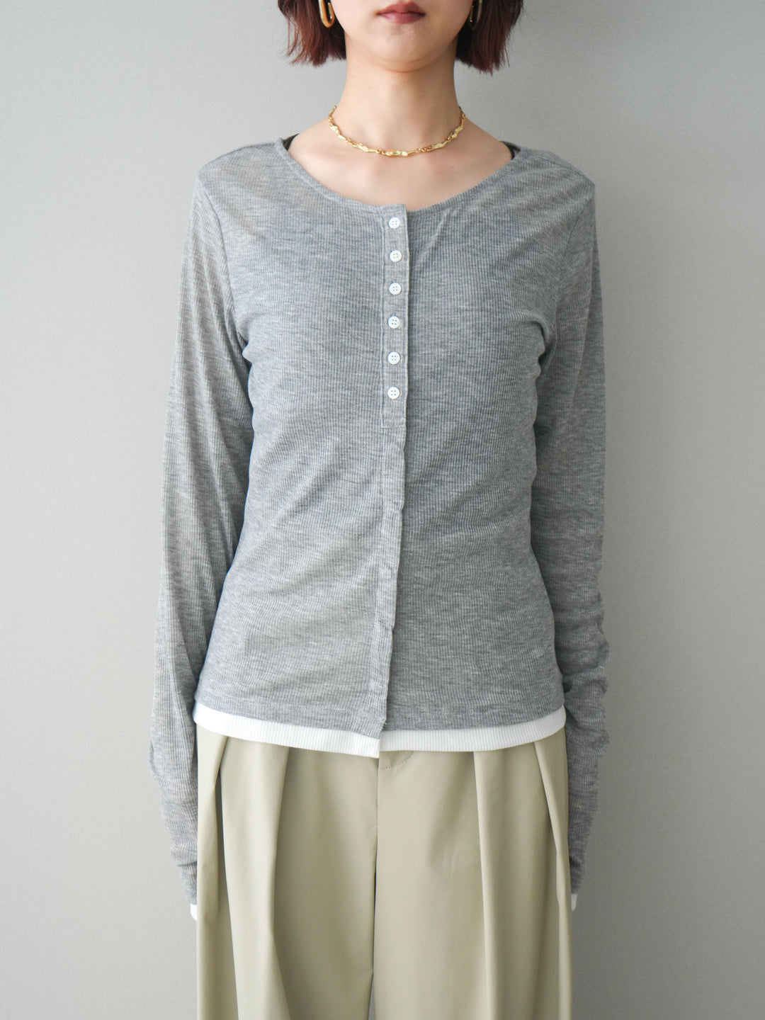 [予約]シアーリブバイカラーカーディガン/gray