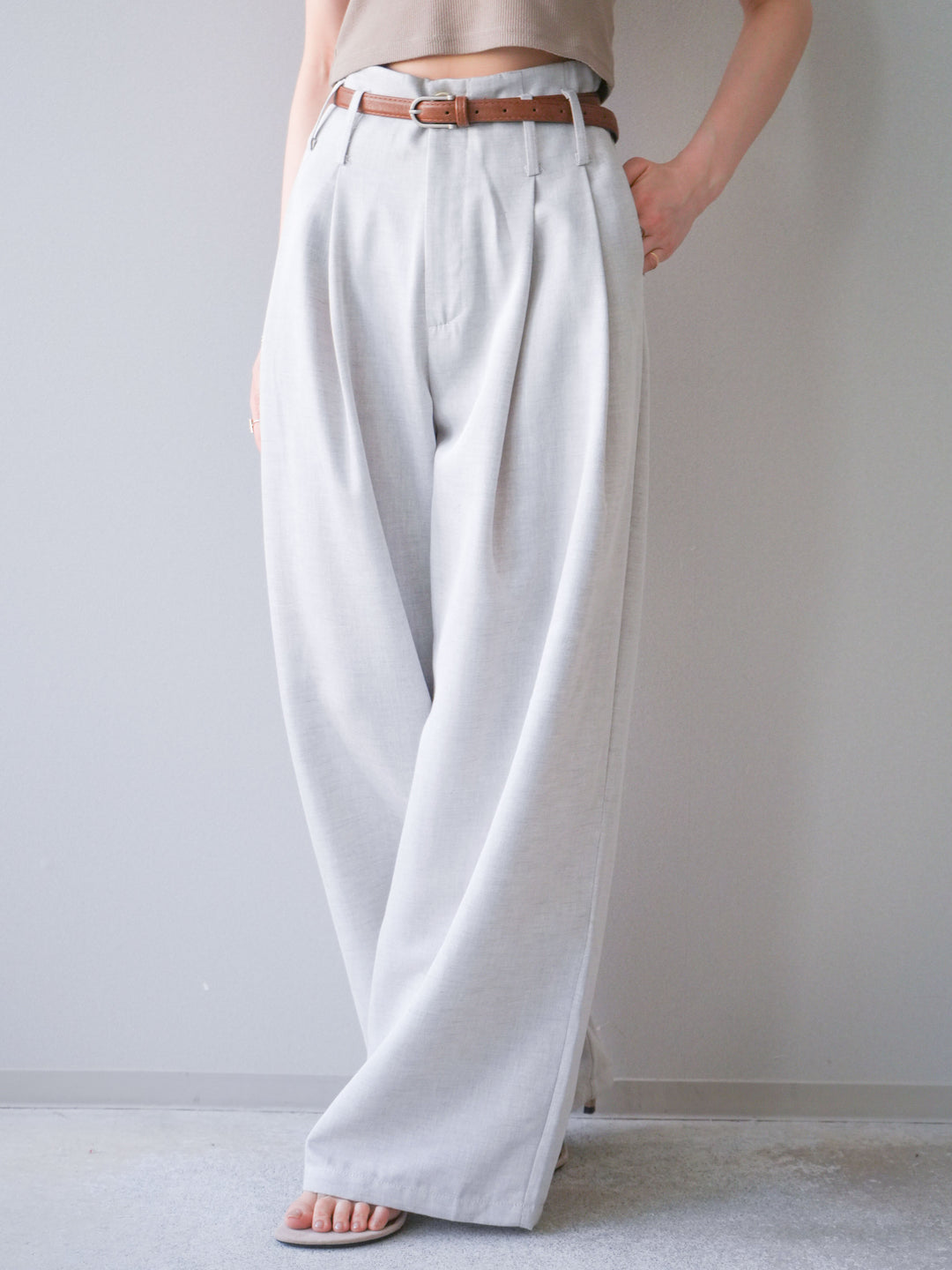 [予約]ベルト付ハイウエストワイドパンツ/ivory