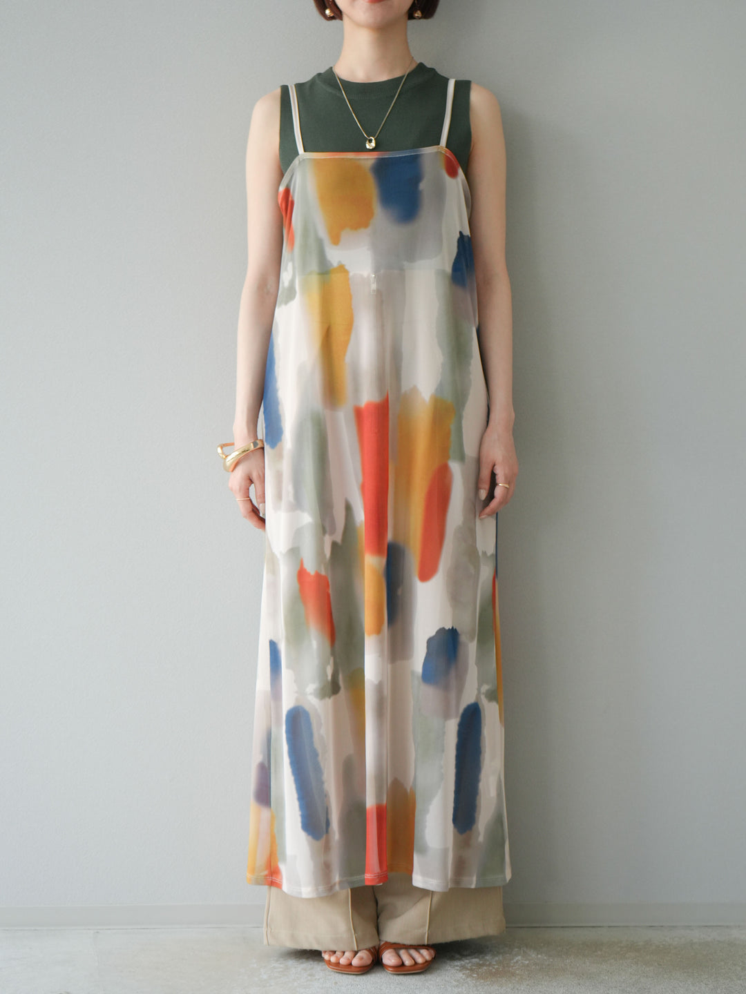 [予約]水彩アートシアーキャミワンピース/オフホワイト