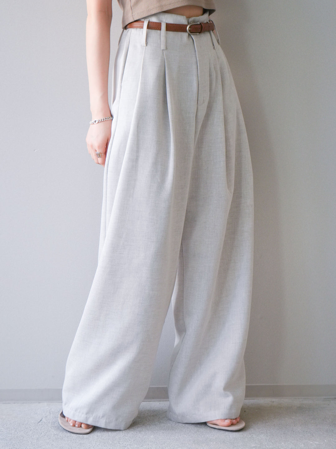 [予約]ベルト付ハイウエストワイドパンツ/ivory