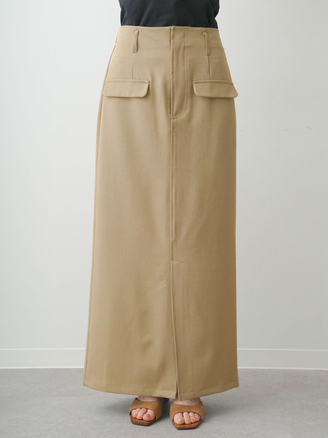 [予約]クレープデシンフラップ付きストレートスカート/beige
