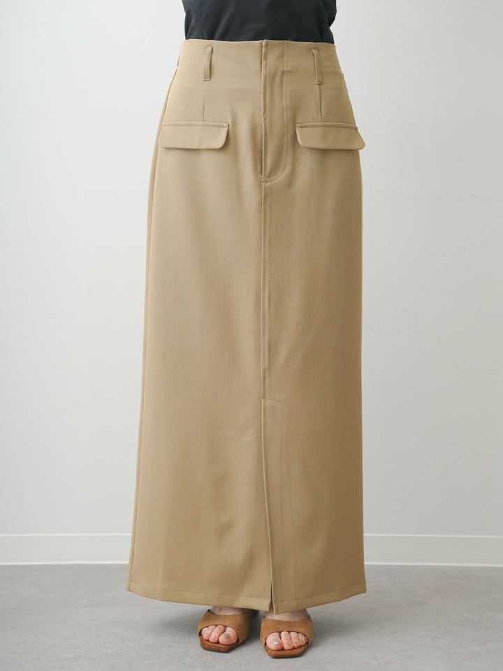[予約]クレープデシンフラップ付きストレートスカート/beige