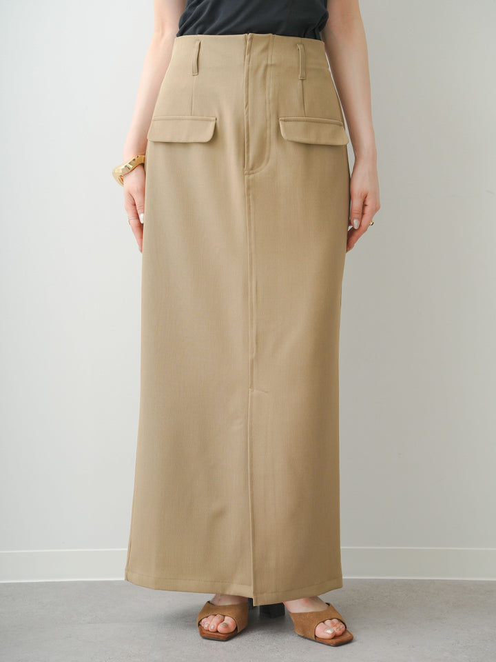 [予約]クレープデシンフラップ付きストレートスカート/beige