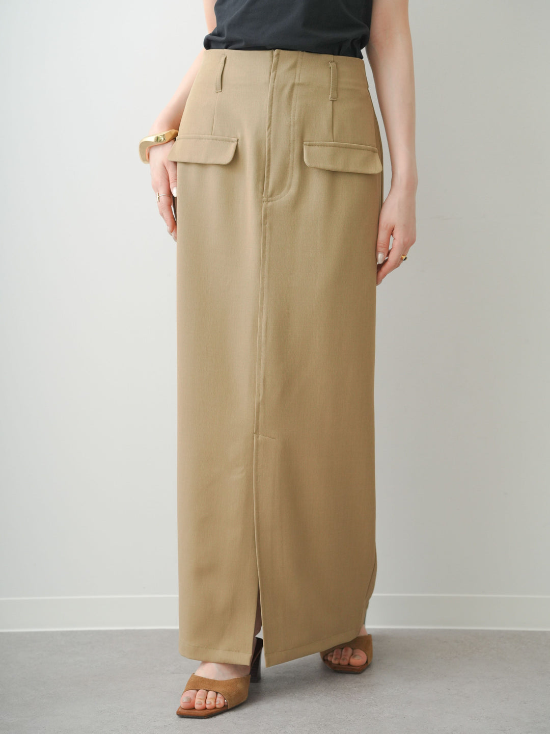 [予約]クレープデシンフラップ付きストレートスカート/beige