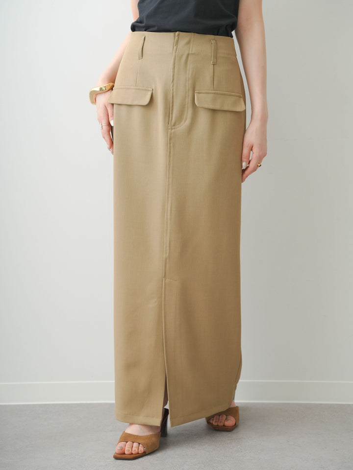 [予約]クレープデシンフラップ付きストレートスカート/beige