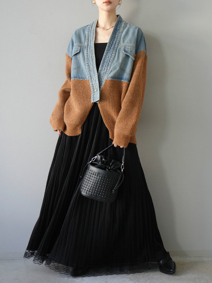 [SET]デニム切替ネップニットカーディガン+裾レーススウェードプリーツマキシスカート(2set)