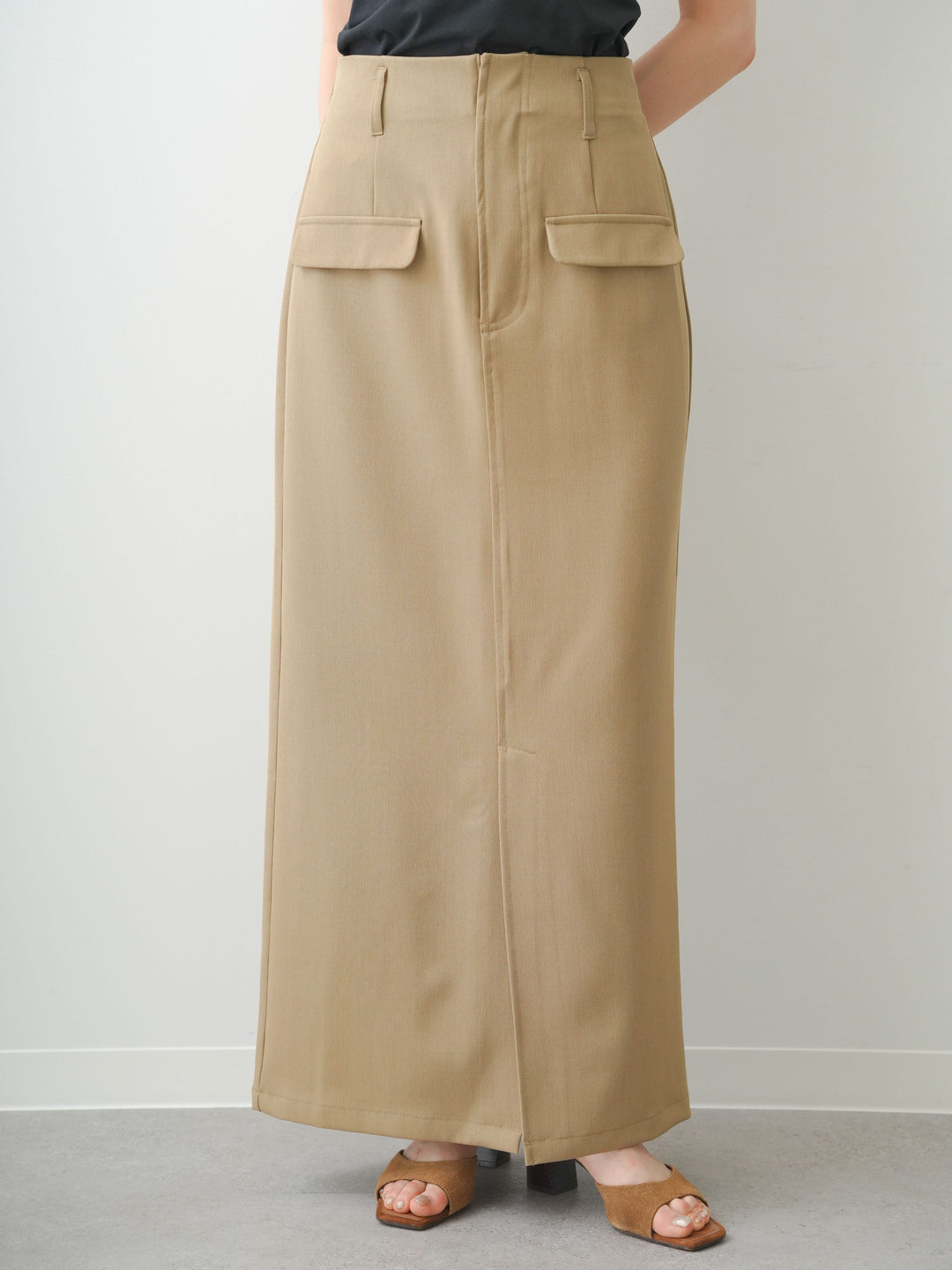 [予約]クレープデシンフラップ付きストレートスカート/beige