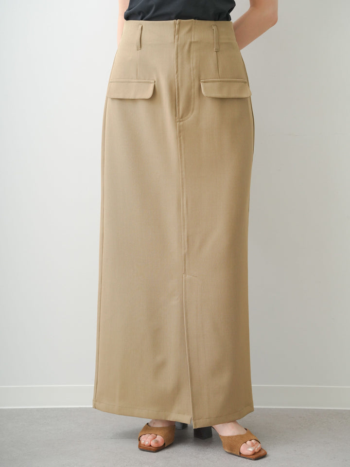 [予約]クレープデシンフラップ付きストレートスカート/beige
