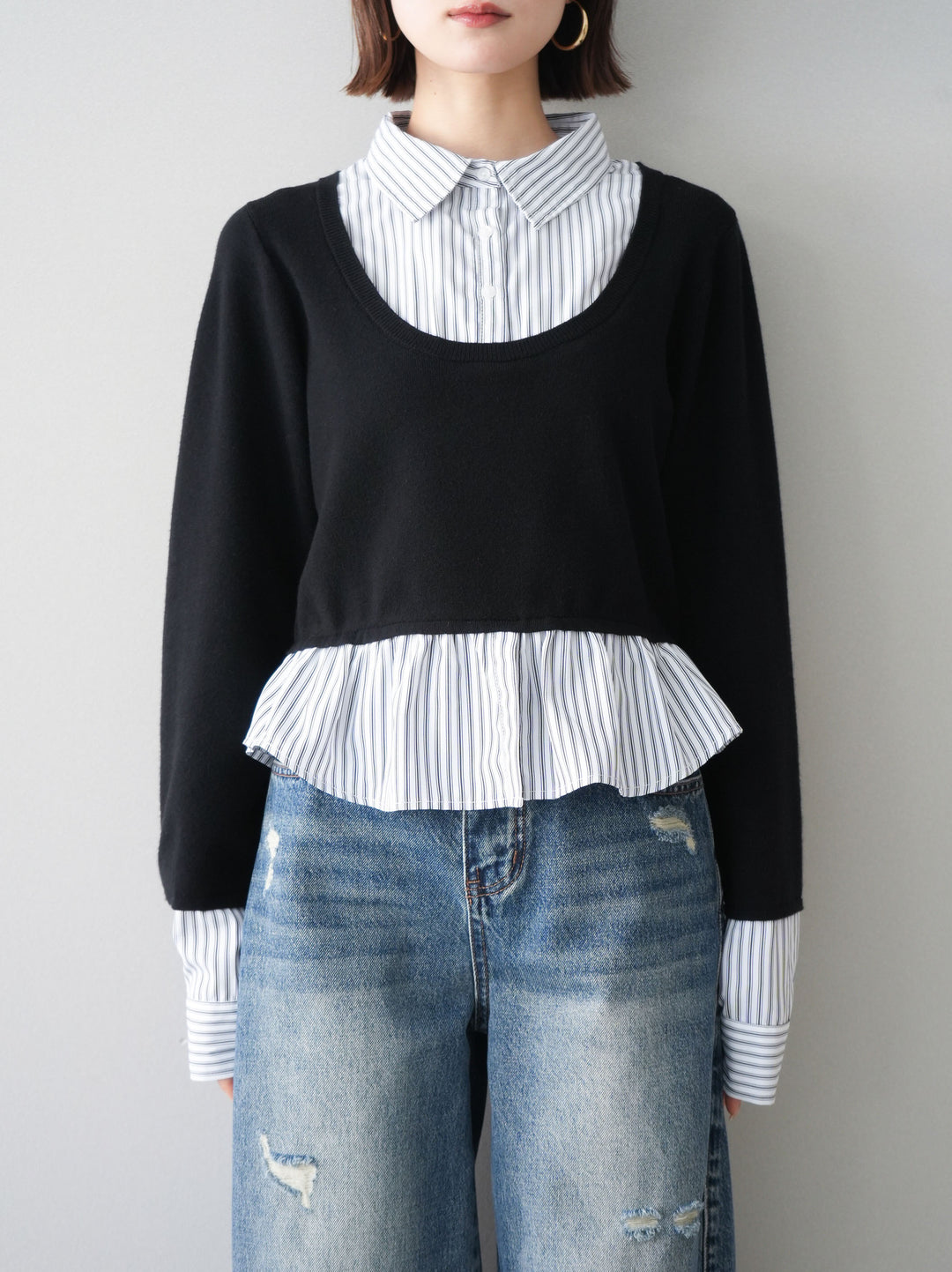 [予約]ストライプシャツUネックドッキングニットプルオーバー/blackoffstripe