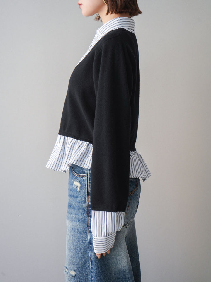 [予約]ストライプシャツUネックドッキングニットプルオーバー/blackoffstripe