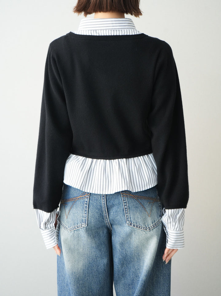 [予約]ストライプシャツUネックドッキングニットプルオーバー/blackoffstripe