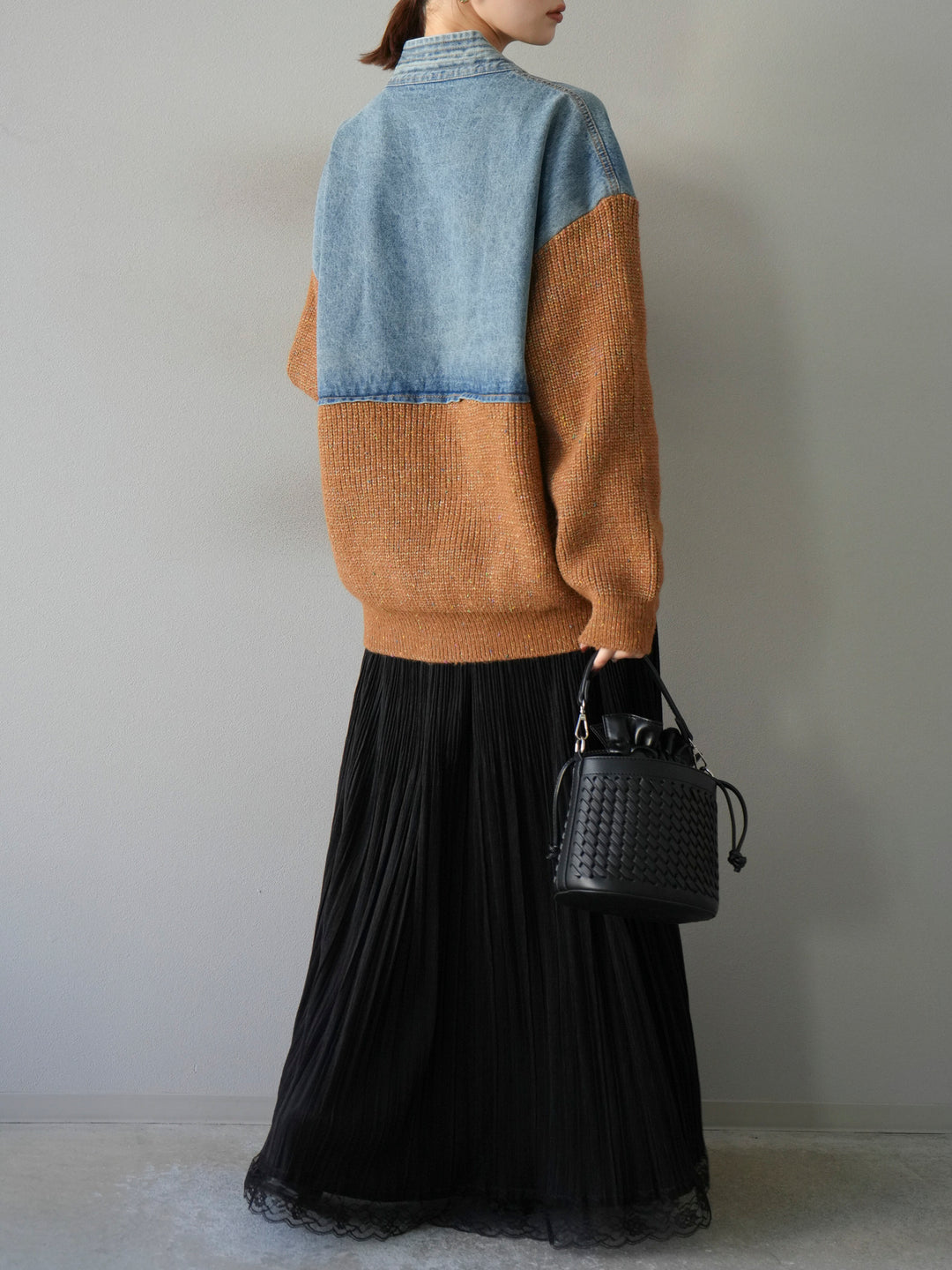 [SET]デニム切替ネップニットカーディガン+裾レーススウェードプリーツマキシスカート(2set)