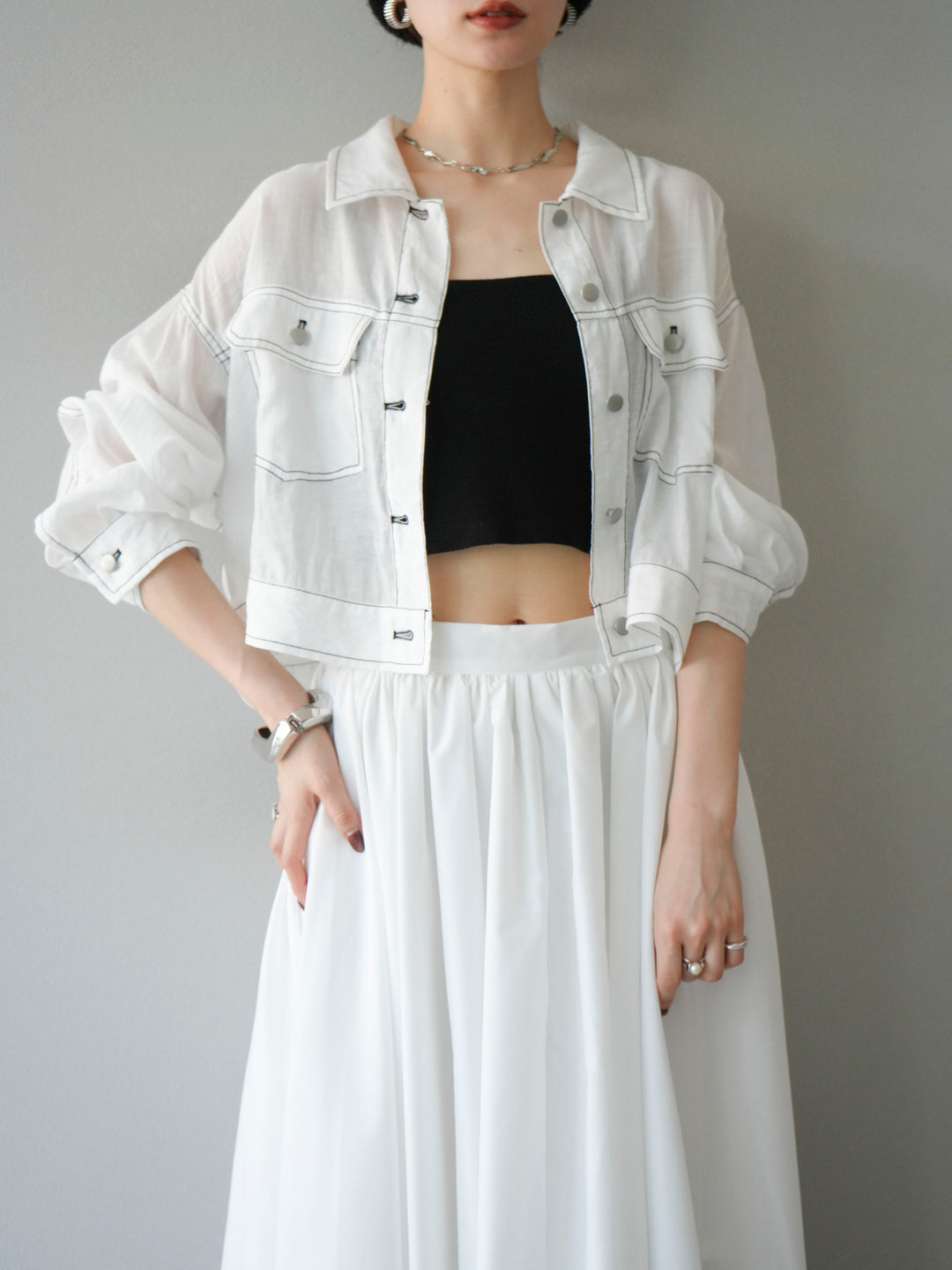 [SET] 縫合透視短外套 + 寬大蓬蓬裙 (2 套)