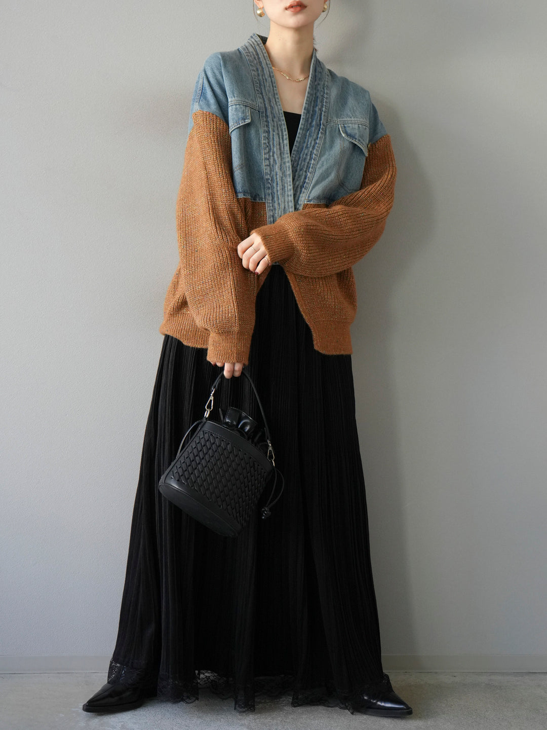 [SET]デニム切替ネップニットカーディガン+裾レーススウェードプリーツマキシスカート(2set)