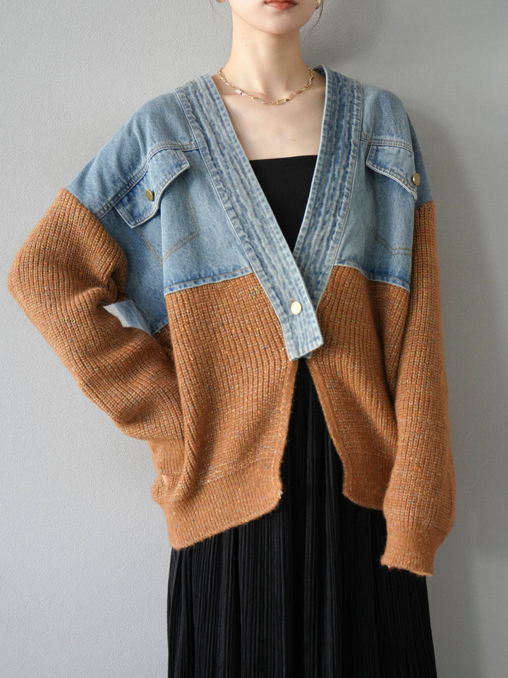 [SET]デニム切替ネップニットカーディガン+裾レーススウェードプリーツマキシスカート(2set)
