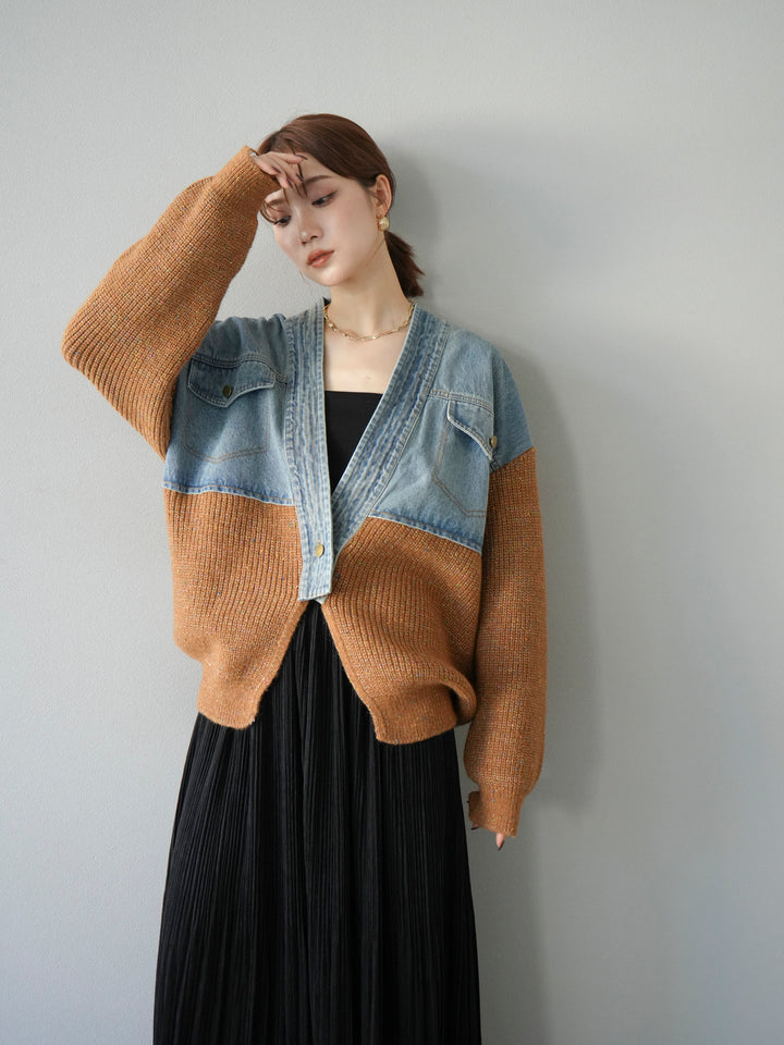 [SET]デニム切替ネップニットカーディガン+裾レーススウェードプリーツマキシスカート(2set)