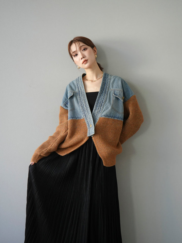 [SET]デニム切替ネップニットカーディガン+裾レーススウェードプリーツマキシスカート(2set)