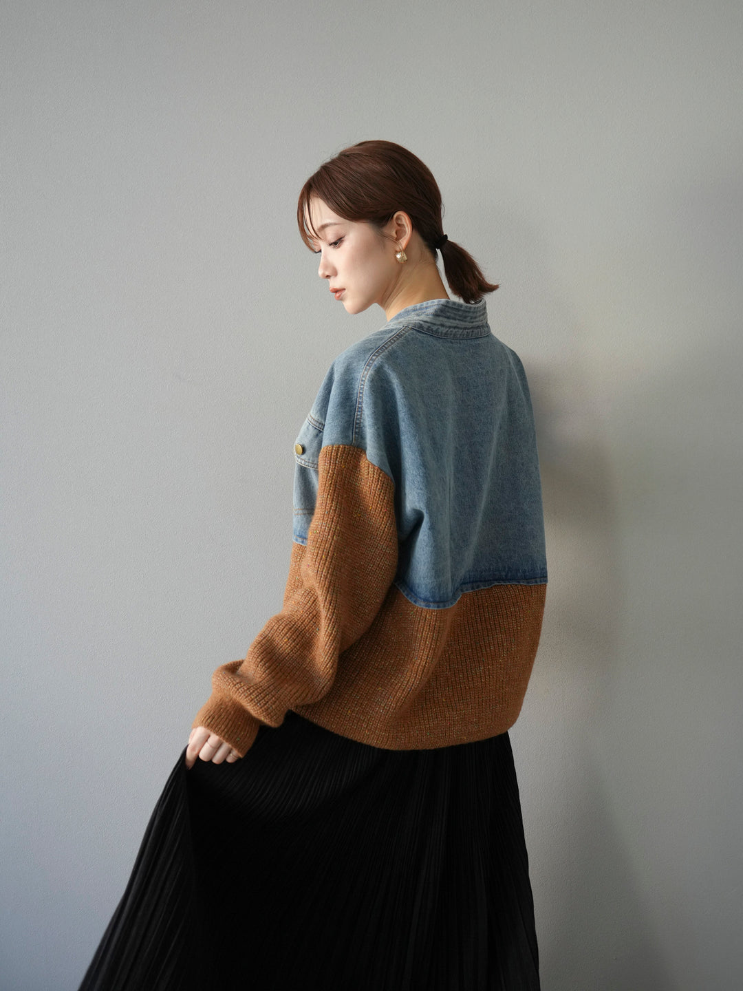 [SET]デニム切替ネップニットカーディガン+裾レーススウェードプリーツマキシスカート(2set)