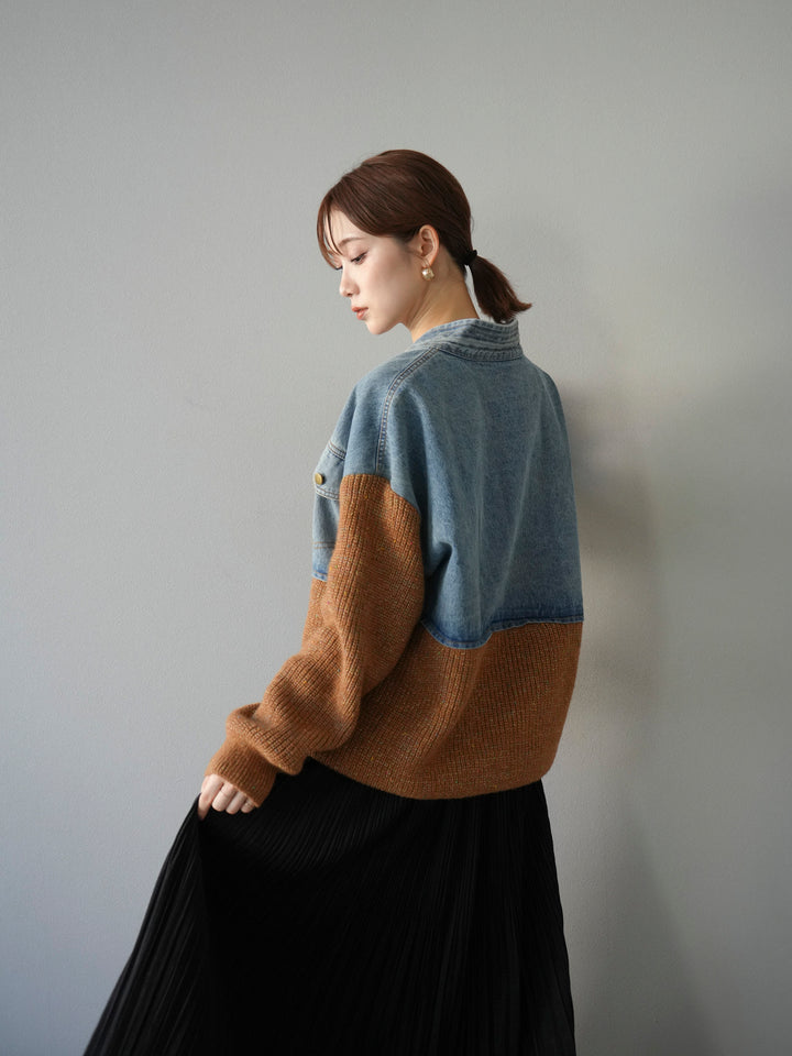 [SET]デニム切替ネップニットカーディガン+裾レーススウェードプリーツマキシスカート(2set)