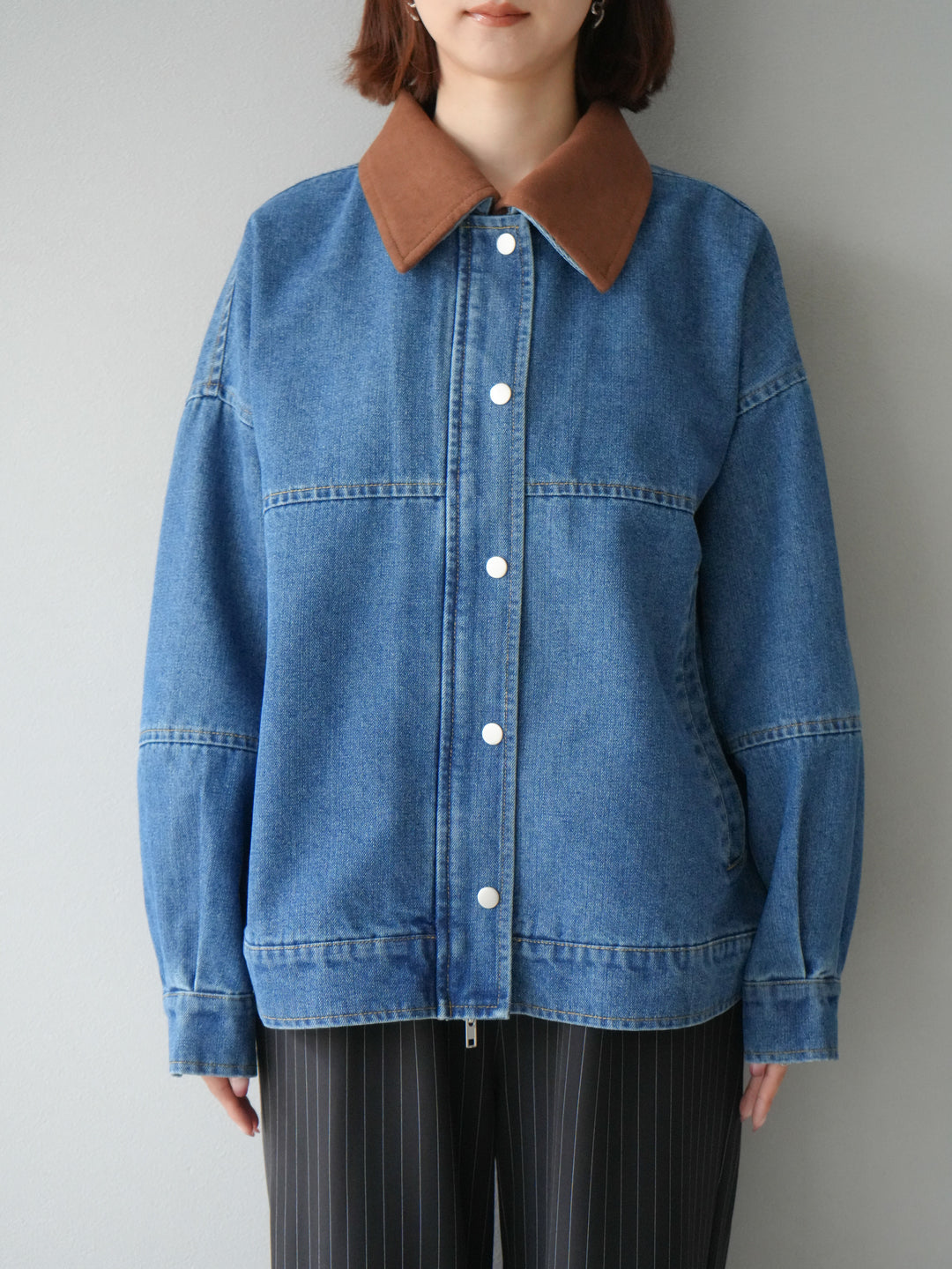 [予約]スウェード襟切替デニムブルゾン/ブルー