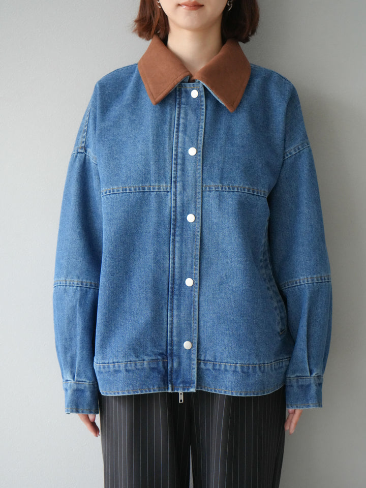 [予約]スウェード襟切替デニムブルゾン/ブルー
