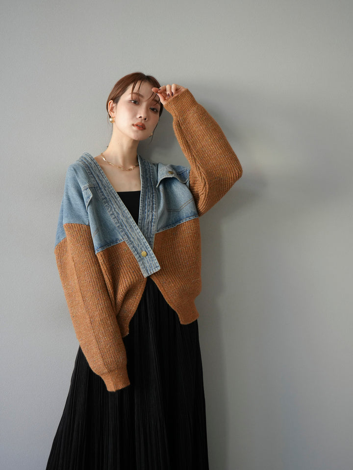 [SET]デニム切替ネップニットカーディガン+裾レーススウェードプリーツマキシスカート(2set)