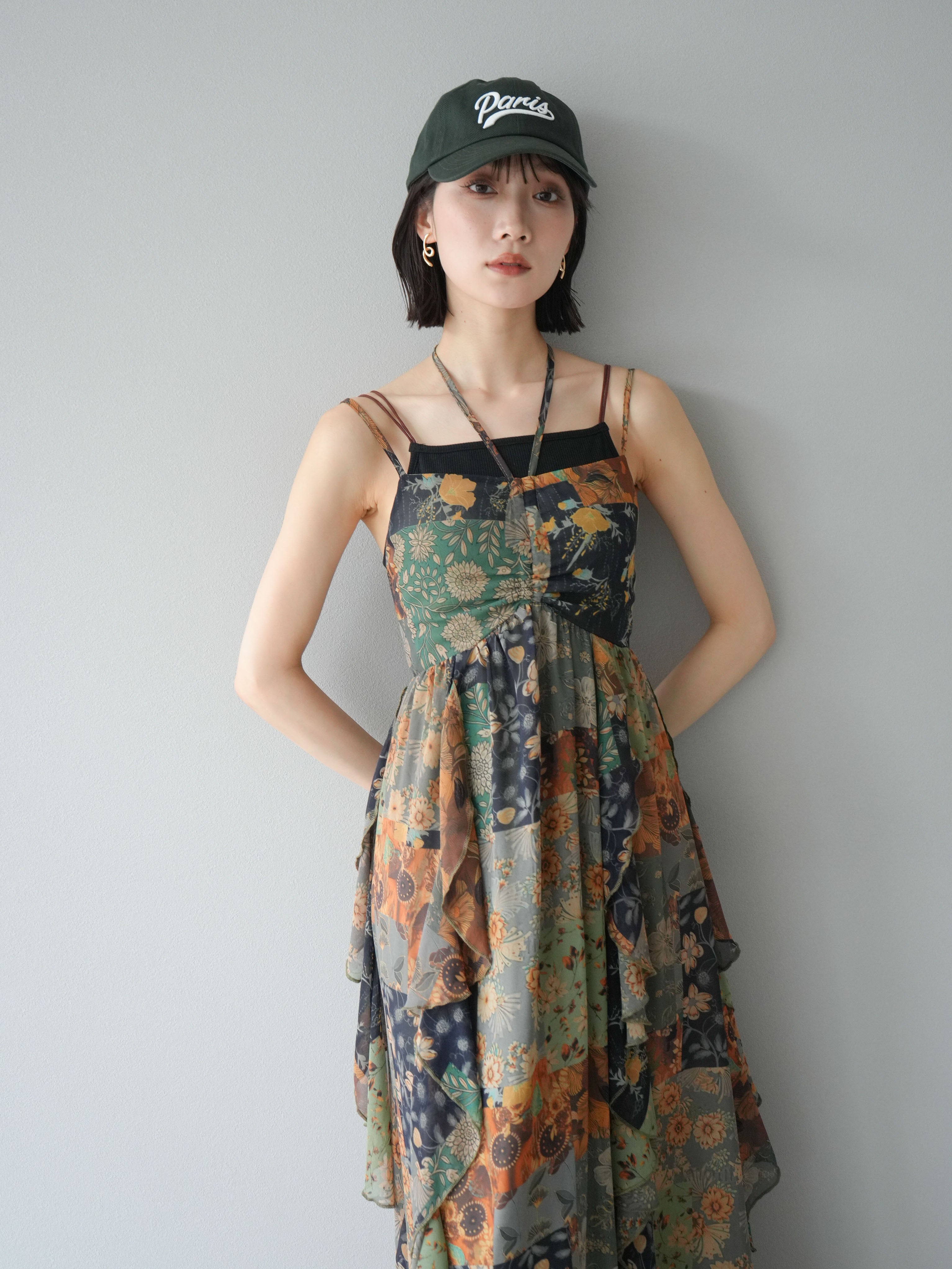 SET]パッチワーク柄ラッフルキャミワンピース+バイカラー